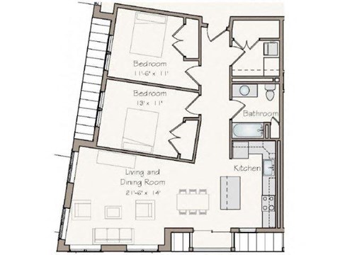 Floor plan for 2 beds, 1 bath, 1010 sqft